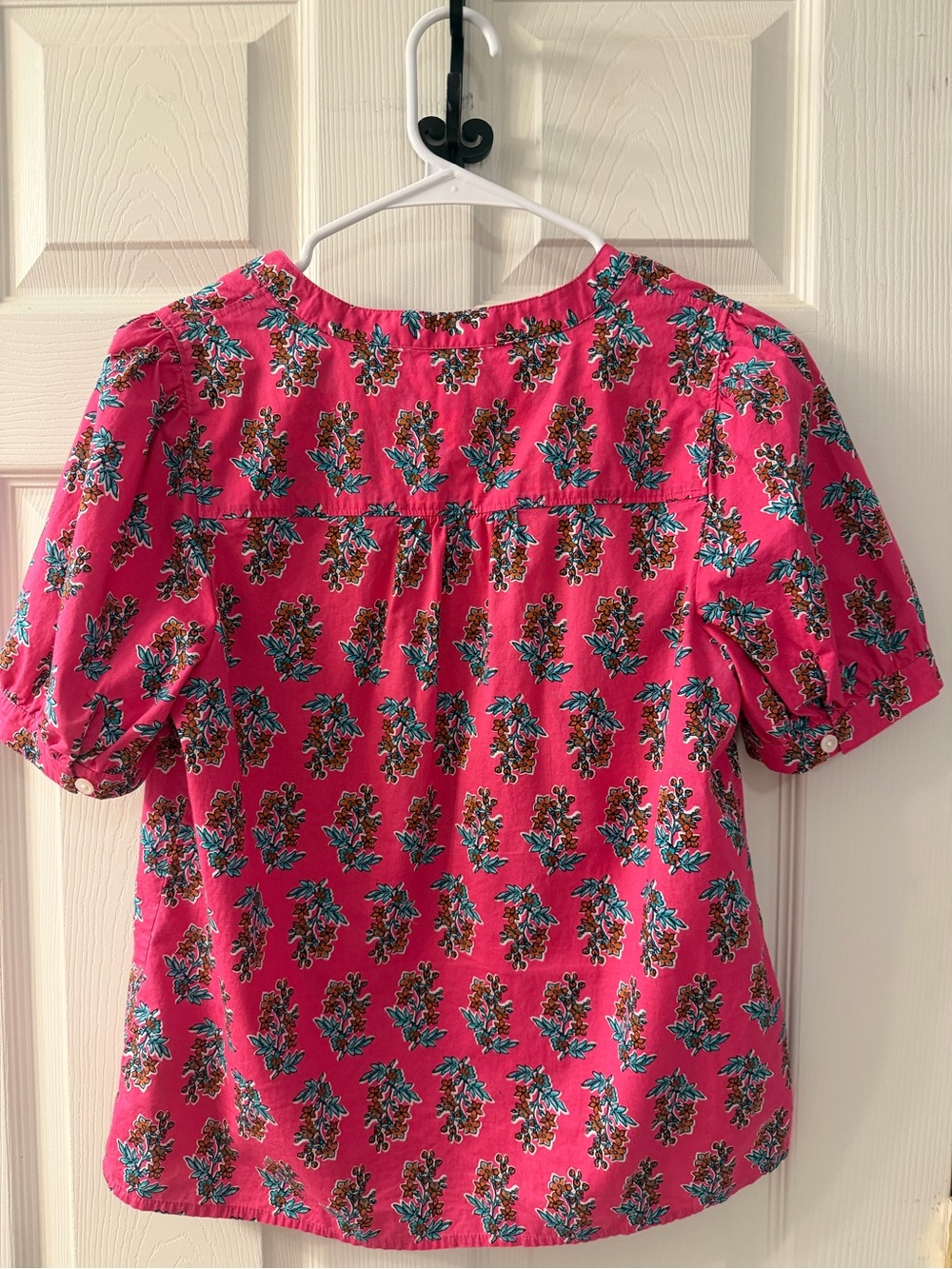 J. Crew Hot Pink Preppy Floral Feminine Puff Sleeve Split Neck Poplin Blouse XS - Picture 3 of 9